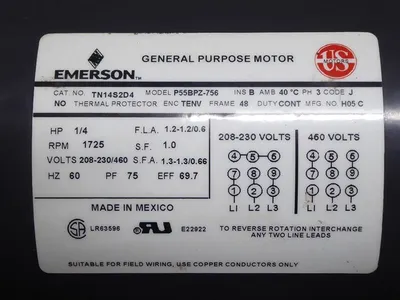 1/4 HP Emerson TN14S2D4 Electric Motor 48 Frame 208-230/460V 1725 RPM New
