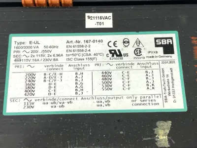 USED SBA CONTROL TRANSFORMER E-UL 1600VA