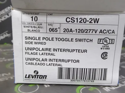 Lot of 10 Leviton CS120-2W White Single Pole Toggle Switches 20A 120/277V New NIB