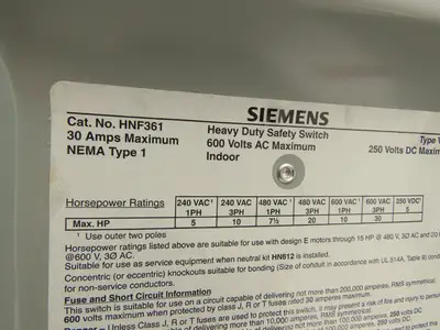 Siemens HNF361 Heavy Duty Safety Disconnect Switch 3P 30A 600VAC 250VDC