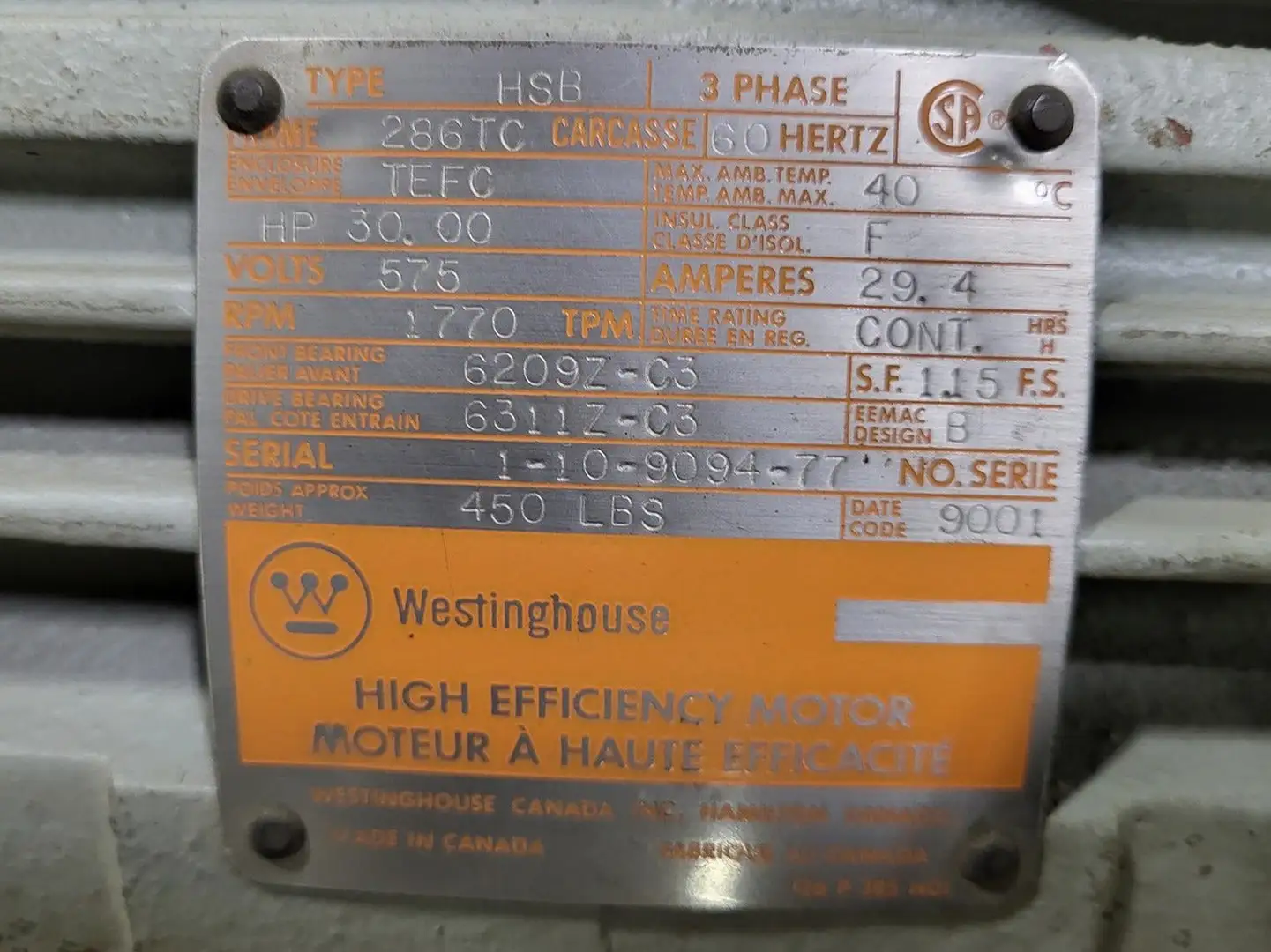 Used WESTINGHOUSE HSB Motors (misc) British Columbia CA | Lenmark #246892