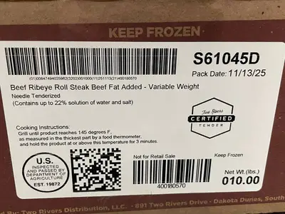 Two Rivers Beef Ribeye Roll Steak - Needle Tenderized, Frozen - 10 lb Box