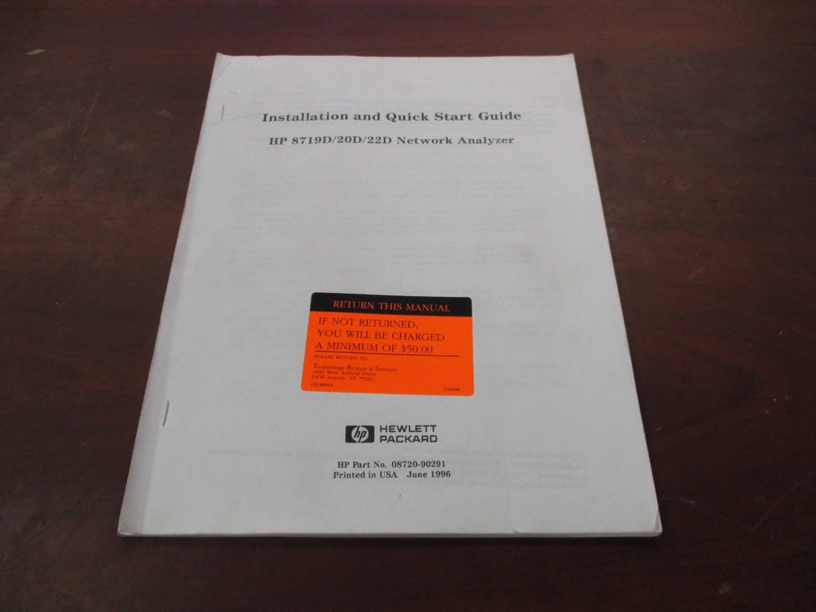 HP 8719D/20D/22D Used NETWORK ANALYZER (Install and Quick Start Guide)