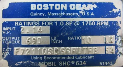 USED BOSTON GEAR F72110SB56FUTFB GEAR REDUCER 10:1