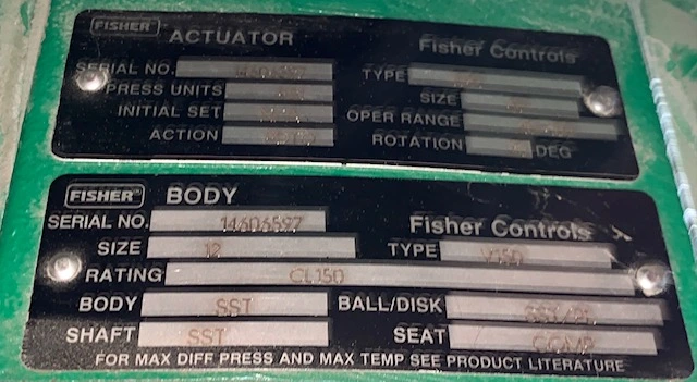 12" V150 Fisher V-Ball Control Valve, New Storeroom Spare