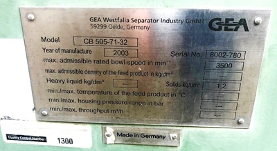 Westfalia CB 505-71-32 decanter centrifuge, 316L SS.