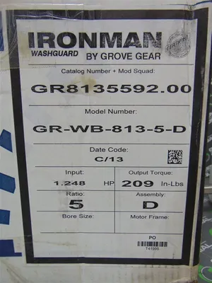 Grove Gear GR-WB-813-5-D Ironman Gear Speed Reducer GR8135592-00 5:1 Ratio Used