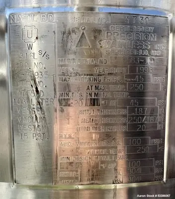 Used Vertical 103L Stainless Steel Freeze/Thaw Vessel – 100 PSI Rated