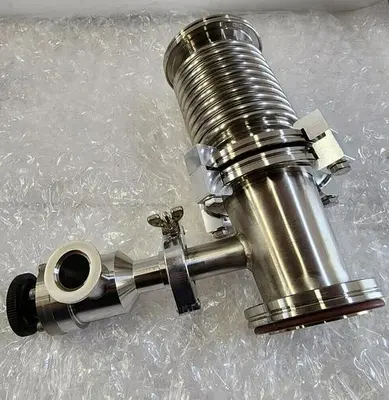 MDC KAV-100 PNEUMATIC ANGLE VALVE with EDWARDS HIGH VACUUM ADAPTER PIPES