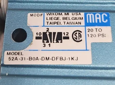 MAC 52A-31-B0A-DM-DFBJ-1KJ Pneumatic Solenoid Valve W/ DMB-DFBJ-1KJ Loc6C11