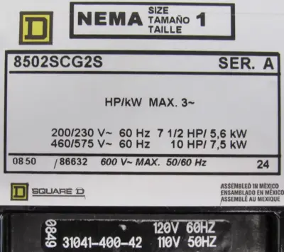 NEW SQUARE D 8502SCG2S CONTACTOR SIZE 1