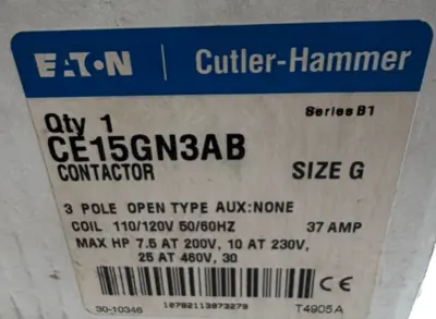 NEW EATON CUTLER HAMMER CE15GN3AB CONTACTOR SIZE G SERIES B1