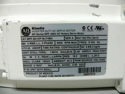 USED ALLEN BRADLEY MPF-B310P-MJ74BA KINETIX BRUSHLESS AC SERVO MOTOR 460V 5000 RPM