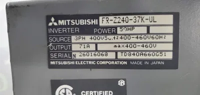 50 HP Mitsubishi FR-Z240-37K-UL Inverter 3 Ph 71A 400-460 V Used