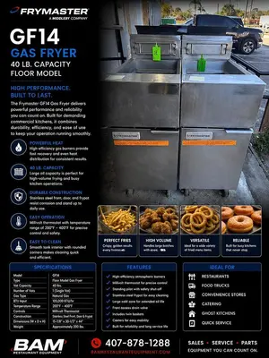 Used: Frymaster GF14 Gas Fryer – (1) 40 lb Vat, Floor ModelUsed: Frymaster GF14 Gas Fryer – (1) 40 lb Vat, Floor Model