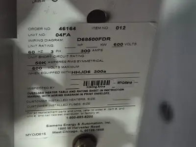 Used SIEMENS HHJD63F400 Switchgears British Columbia CA | Lenmark #239446