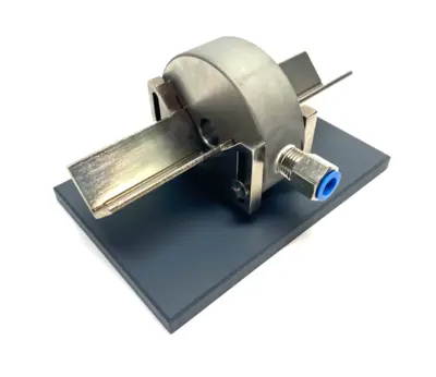 USED MAHR DIMENSIONAIR 2-JET AIR RING GAUGE W/ GUIDE CHUTES & BASE PLATE