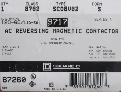 NEW SQUARE D 8702-SCO8V02S CONTACTOR SIZE 1 SER.A 8702SCO8V02S