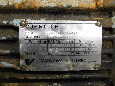 Yaskawa Electric UGCMED-08AA20F Cup Motor 0.75/3.75kW 4.1/20.5Nm 1750RPM Used