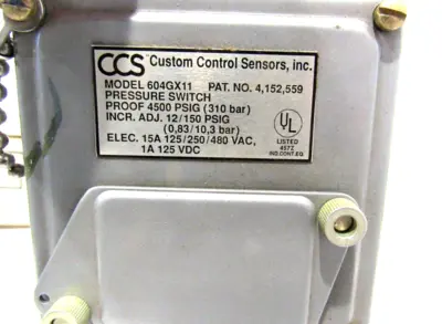 NEW CUSTOM CONTROL SENSORS 604GX11 PRESSURE SWITCH