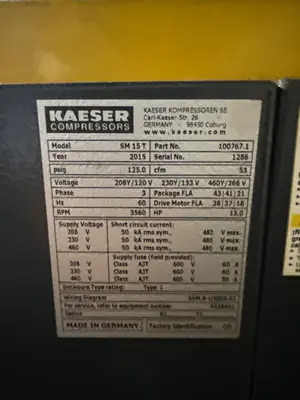 Used 2015 KAESER SM 15 T Rotary Screw & Sliding Vane Air Compressors Ohio US | Aucto #1306750