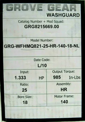 NEW GROVE GEAR GRG-WFHMQ821-25-HR-140-18-NL GEAR REDUCER GRG8215669.00