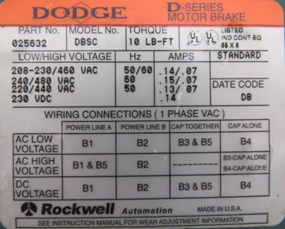 NEW DODGE DBSC-10 MOTOR BRAKE NO HUB 025632 230-460V DBSC10