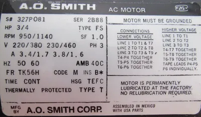 NEW AO SMITH 327PO81 MOTOR 3/4HP 220/380V 230/460V TK56H 950/1140RPM