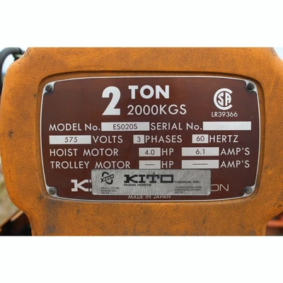 Kito 2 Ton Overhead Chain Hoist