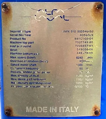 Alfa-Laval VNPX 510 SGD-34G-50 clarifier centrifuge skid, 316SS.