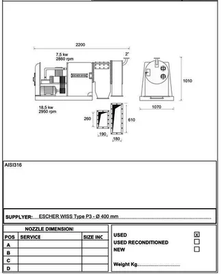 Escher-Wyss P-3/2 2-stage pusher centrifuge, 316SS.