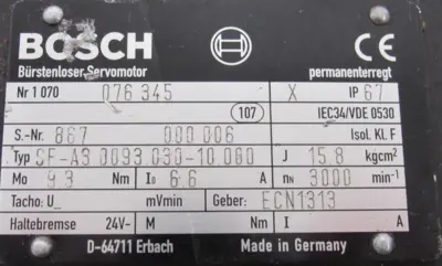 USED BOSCH 1070076345 SERVO MOTOR SF.A3.0093.030-10.000