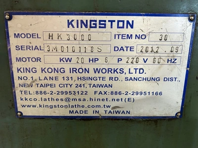 30"x120"cc KINGSTON Hollow Spindle Engine Lathe, 2012
