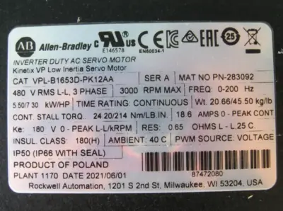 New | in-Stock Allen-Bradley VPL-B1653D-PK12AA Motor Control Parts New Hampshire US | Bitter End Trading #1452829