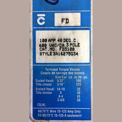 Cutler Hammer 3 Pole 100 Amp FD Breaker