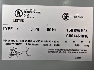 NEW 150KVA HAMMOND  SG3A0150KB Sentinel G Dry Transformer 480 Delta 208Y 120 3PH