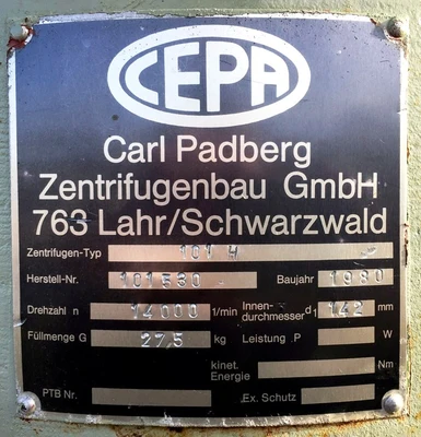 Cepa Z101H tubular bowl centrifuge, 316SS.