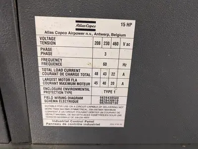 Atlas Copco 15 HP Rotary Screw Compressor
