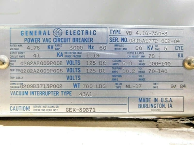 Used GE VB 4.16-350-3 Circuit Breakers Ohio US | Equipment Recovery Corp. #1330504
