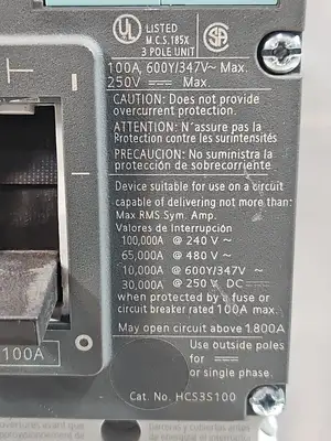 Siemens HCS3S100 HCGA Circuit Breaker 100A 3 Phase 100 Amp Loc4E26