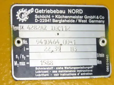 Nord SK 4282 AZ IEC 112 Screw Conveyor Gear Drive 22.3:1 Reducer Dual Shaft