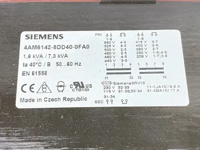 Siemens 4AM6142-8DD40-0FA0 Isolation Transformer 1-Phase 1.6kVA - Used