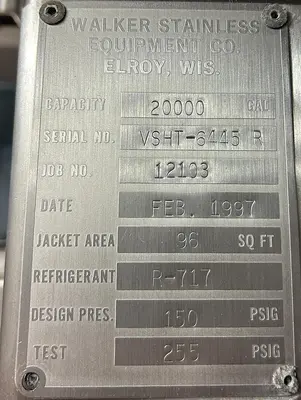 Walker Stainless 20,000 Gallon Jacketed Stainless Steel Storage Tanks SA240/T316L R-717 Lot of 4 1997