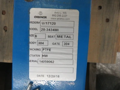 6" 150# Orbinox Knife Gate Valve Hand Wheel Operated
