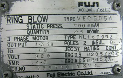 USED FUJI ELECTRIC VFC505A RING BLOWER 50HZ 220V 1.3KW