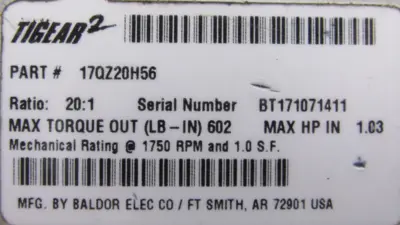 NEW BALDOR 17QZ20H56 GEAR REDUCER 20:1