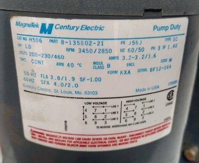 MAGNETEK CENTURY ELECTRIC H506 ELECTRIC MOTOR 1.0 HP 200-230/460 V 3450/2850 RPM