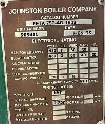 USED 1993 JOHNSTON BOILER PFTA 750-4G-150S