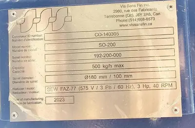 Used Screw Conveyor, 8" Diameter X 224'' Long