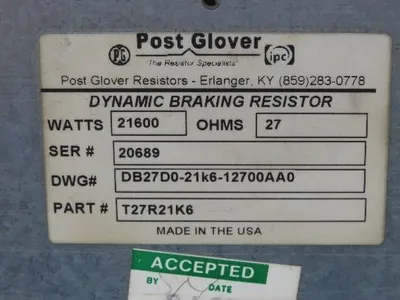 Post Glover T27R21K6 Dynamic Braking Resistor 27 Ohm 21600W 21.6kW